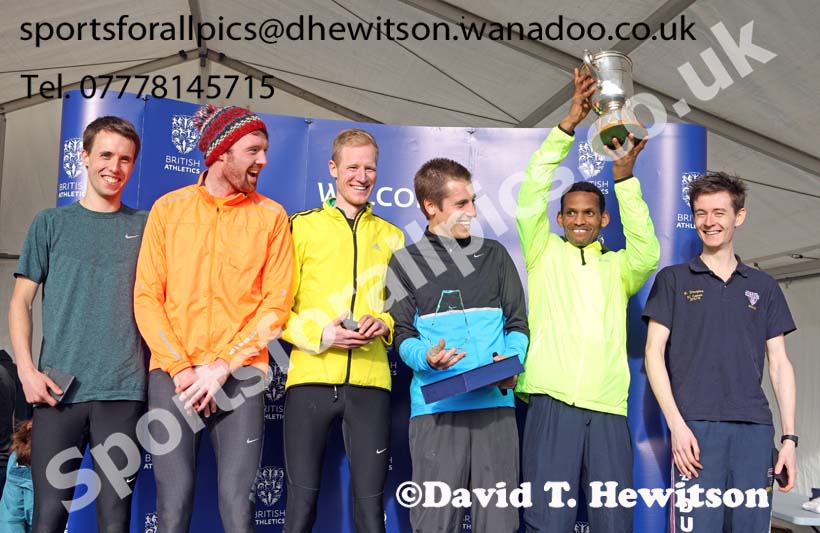 North East team from left to right: Carl Smith, Richard Morrell, Dan Garbutt, Lewis Timmins, Yared Hagos and Ben Douglas winners of the senior mens Inter Counties Cross Country, Cofton Park, Birmingham. Photo: David T. Hewitson/Sports for All Pics